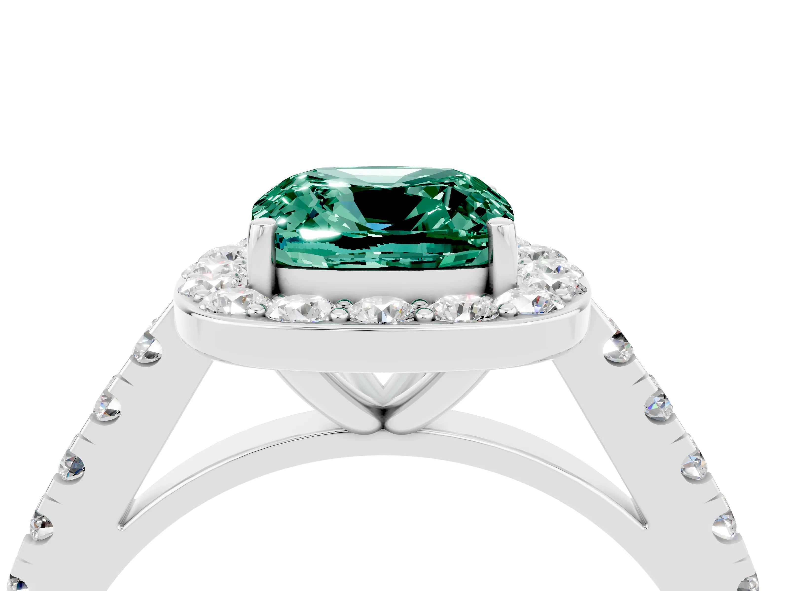 White gold Cushion Cut Halo Diamond Ring with Pavé Band and Three-Prong Setting_4