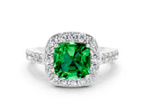 White gold Cushion Cut Halo Diamond Ring with Pavé Band and Three-Prong Setting