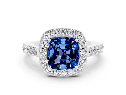 White gold Cushion Cut Halo Diamond Ring with Pavé Band and Three-Prong Setting