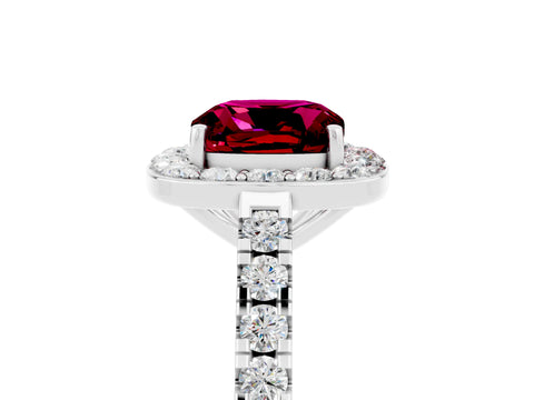 White gold Cushion Cut Halo Diamond Ring with Pavé Band and Three-Prong Setting_5