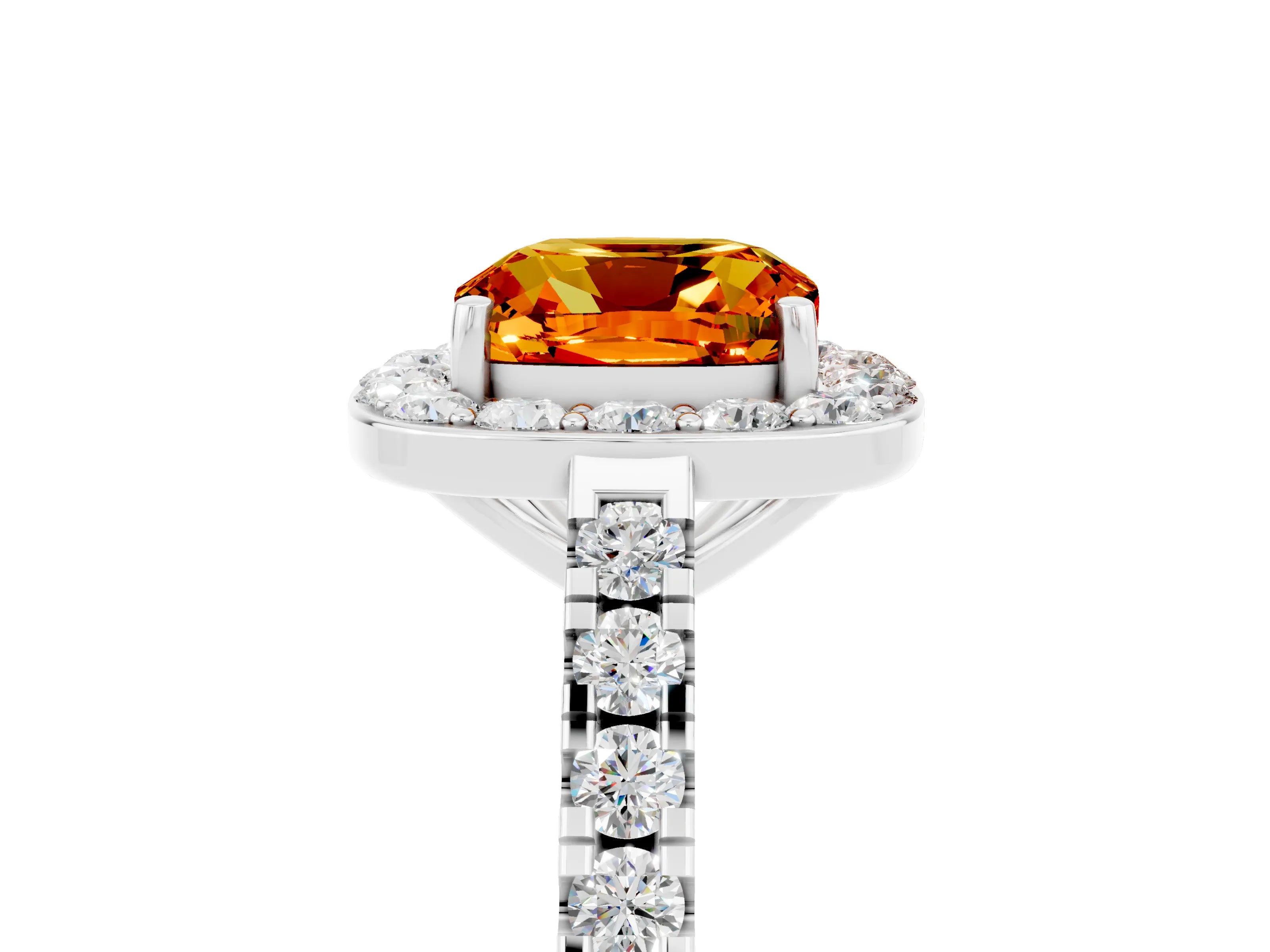 White gold Cushion Cut Halo Diamond Ring with Pavé Band and Three-Prong Setting_5