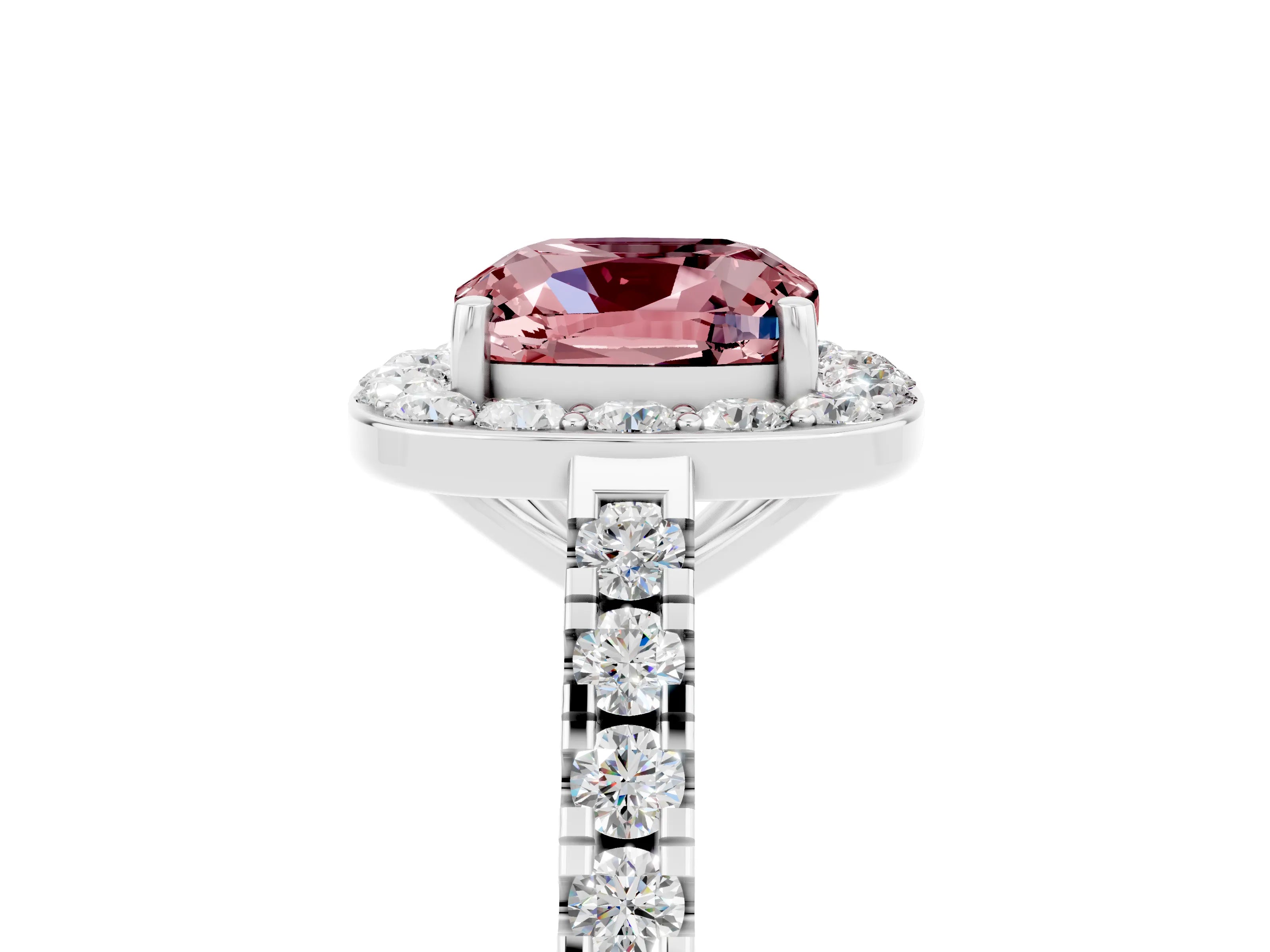 White gold Cushion Cut Halo Diamond Ring with Pavé Band and Three-Prong Setting_5