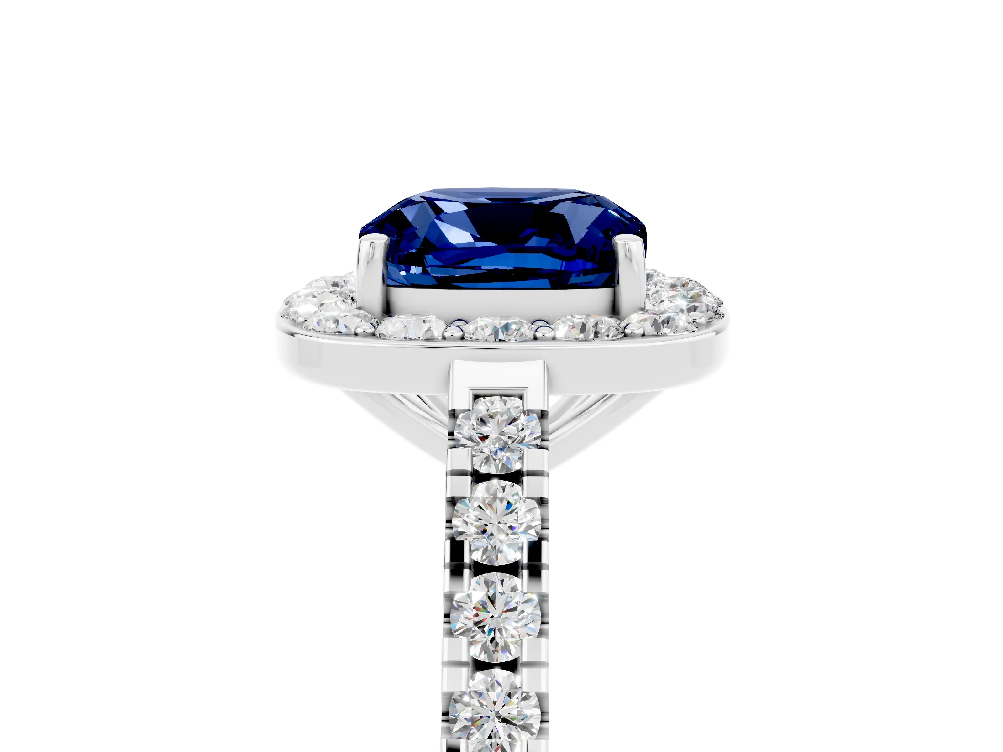 White gold Cushion Cut Halo Diamond Ring with Pavé Band and Three-Prong Setting_5