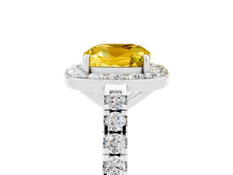 White gold Cushion Cut Halo Diamond Ring with Pavé Band and Three-Prong Setting_5