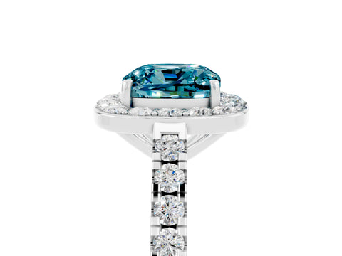 White gold Cushion Cut Halo Diamond Ring with Pavé Band and Three-Prong Setting_5