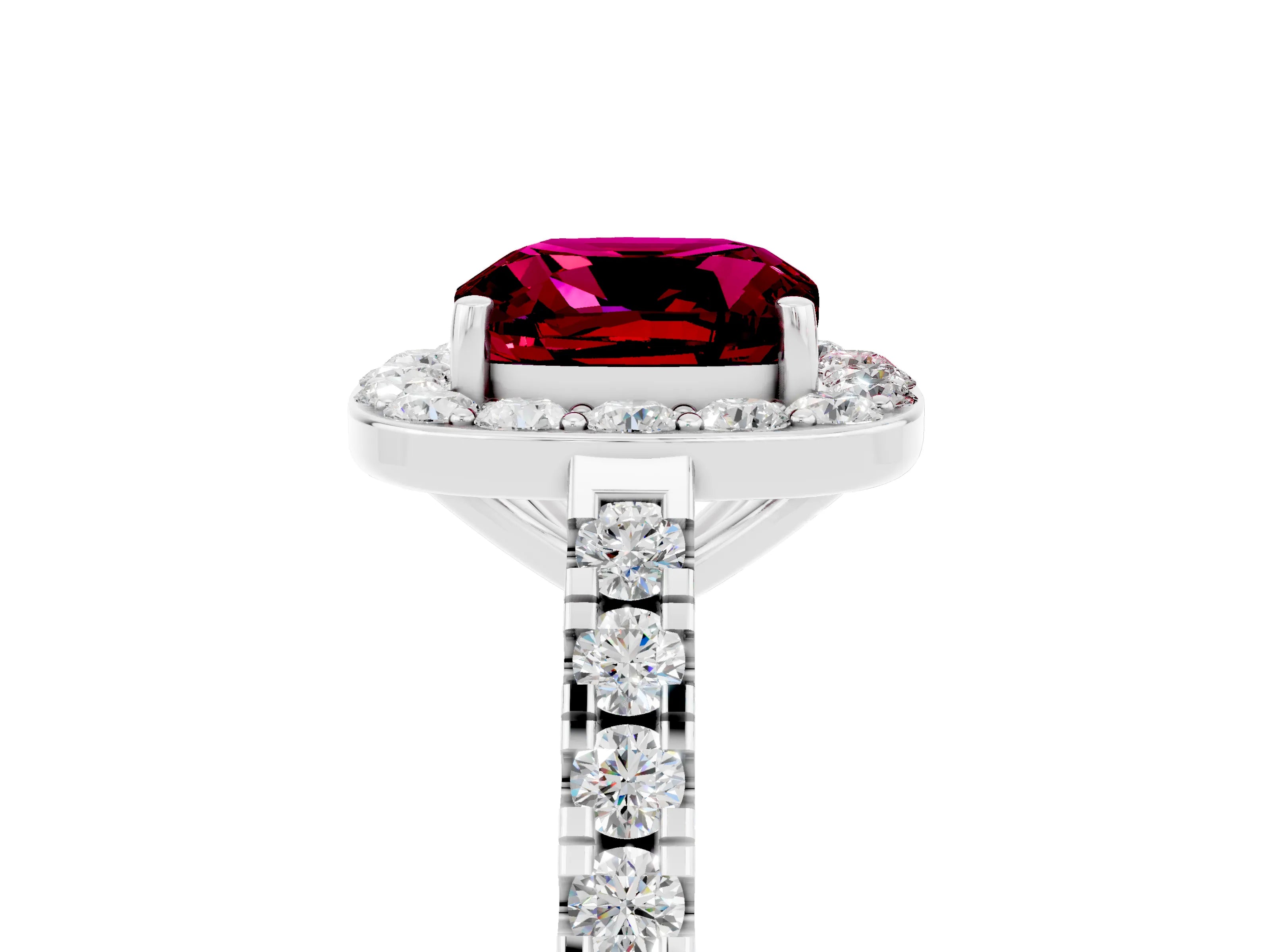 White gold Cushion Cut Halo Diamond Ring with Pavé Band and Three-Prong Setting_5