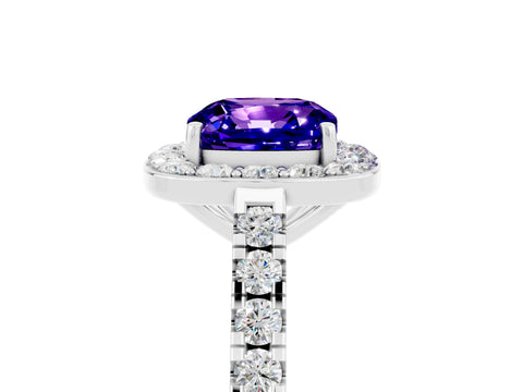 White gold Cushion Cut Halo Diamond Ring with Pavé Band and Three-Prong Setting_5