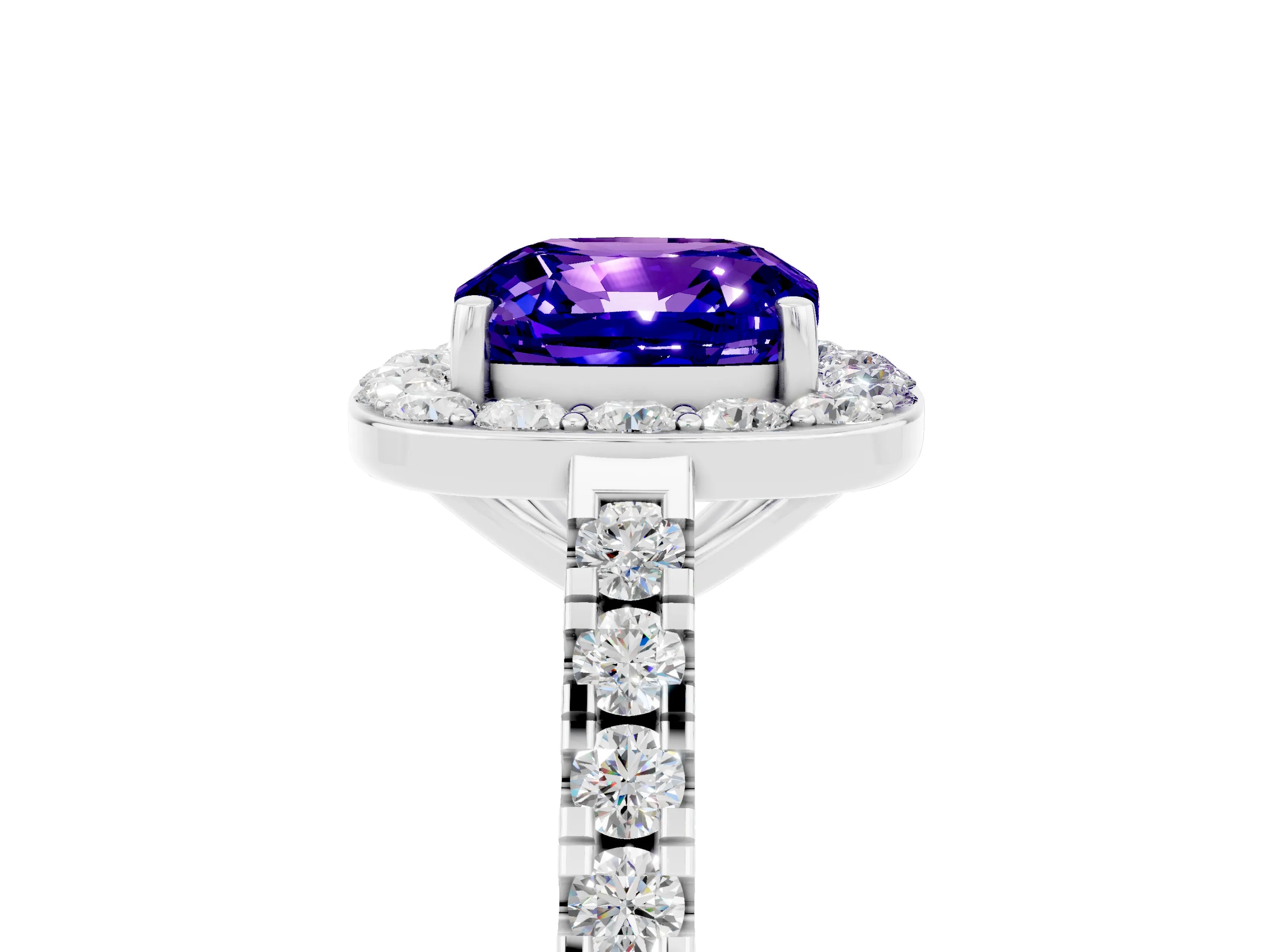 White gold Cushion Cut Halo Diamond Ring with Pavé Band and Three-Prong Setting_5