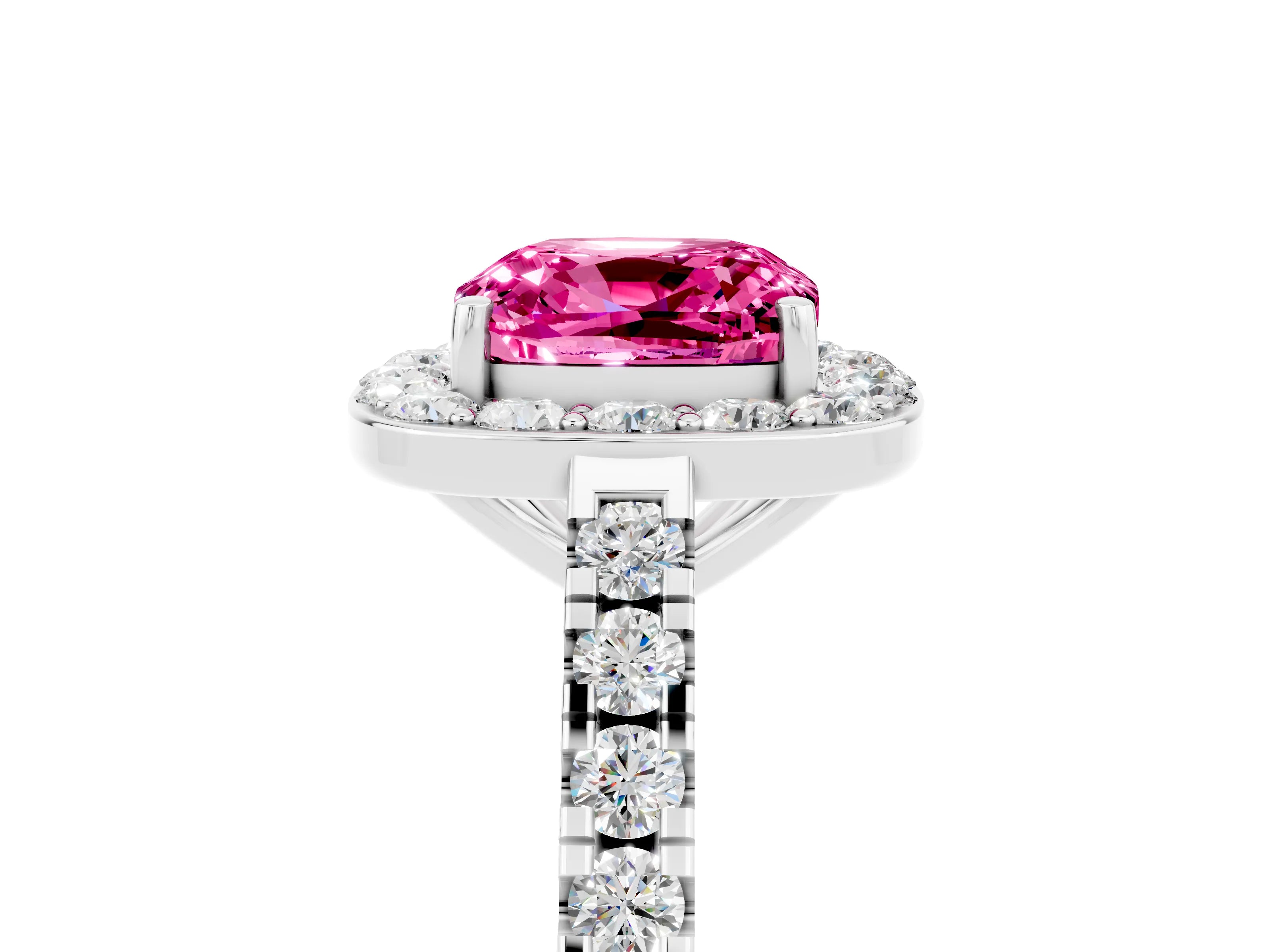 White gold Cushion Cut Halo Diamond Ring with Pavé Band and Three-Prong Setting_5