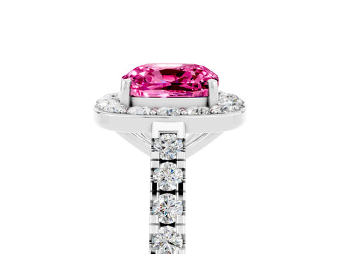 White gold Cushion Cut Halo Diamond Ring with Pavé Band and Three-Prong Setting_5