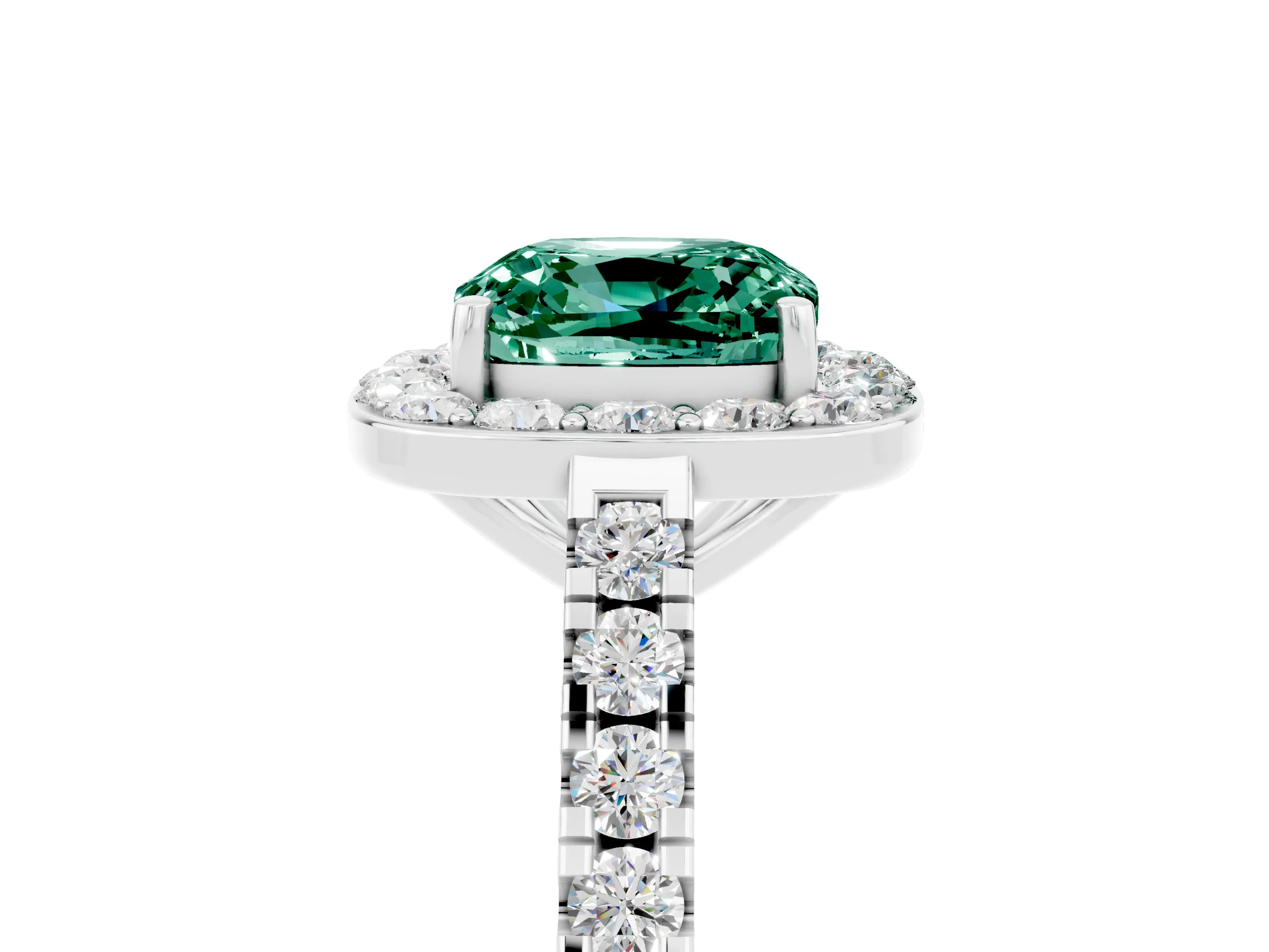 White gold Cushion Cut Halo Diamond Ring with Pavé Band and Three-Prong Setting_5