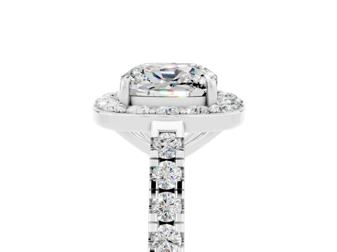 White gold Cushion Cut Halo Diamond Ring with Pavé Band and Three-Prong Setting_5
