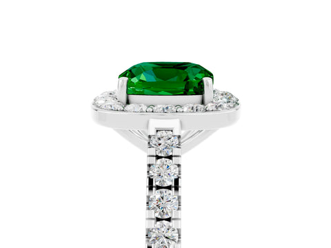 White gold Cushion Cut Halo Diamond Ring with Pavé Band and Three-Prong Setting_5