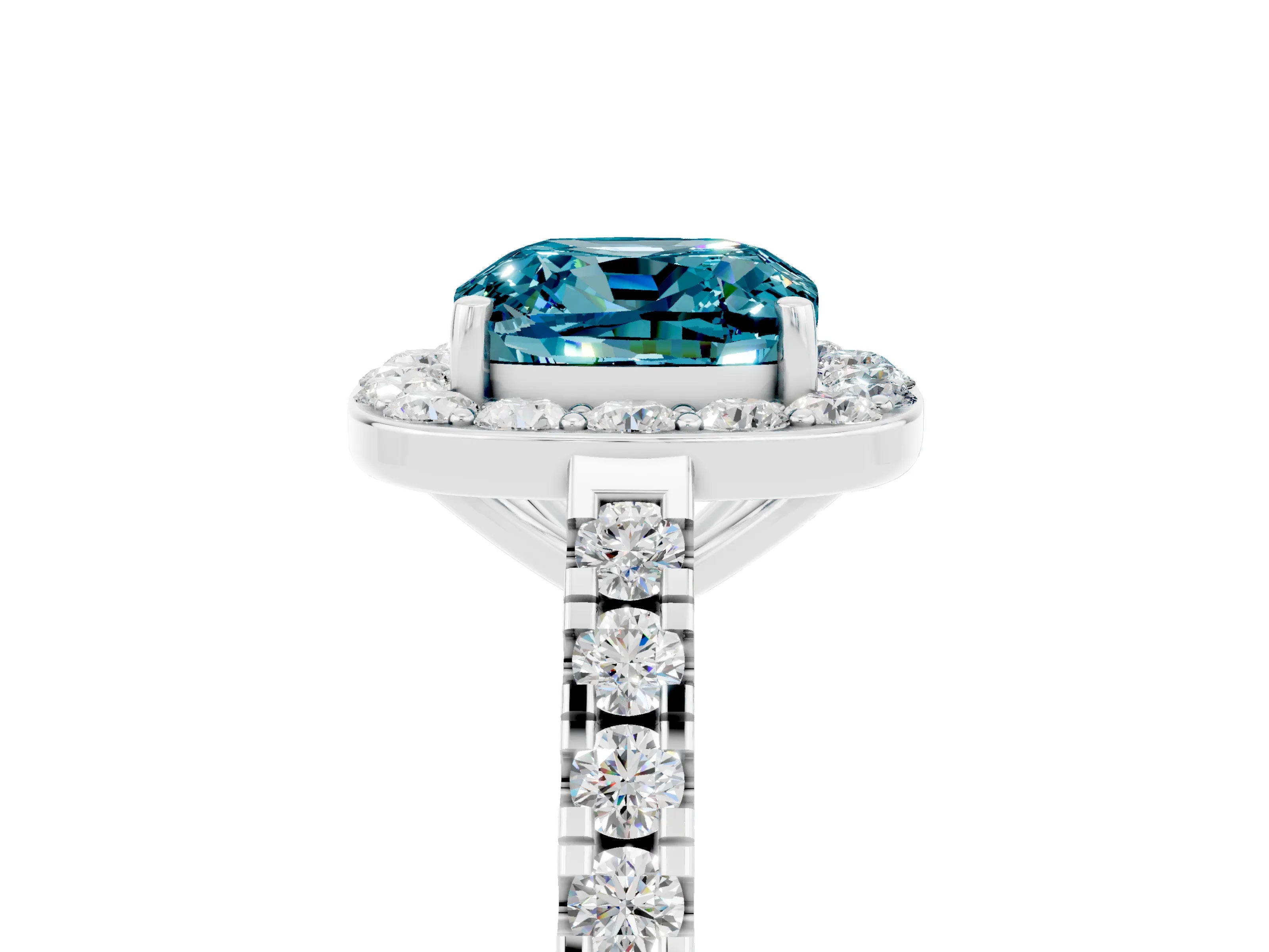 White gold Cushion Cut Halo Diamond Ring with Pavé Band and Three-Prong Setting_5