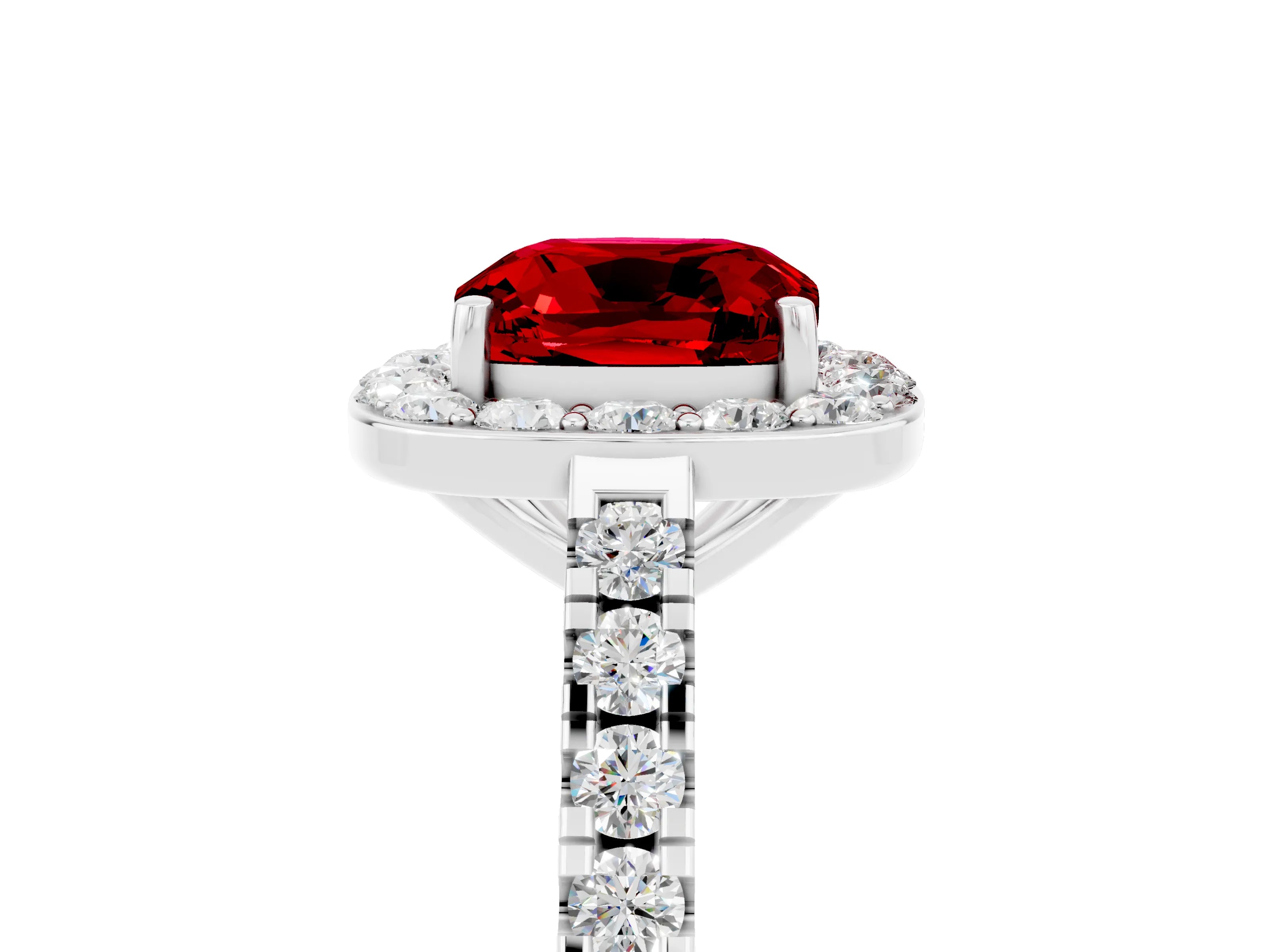 White gold Cushion Cut Halo Diamond Ring with Pavé Band and Three-Prong Setting_5