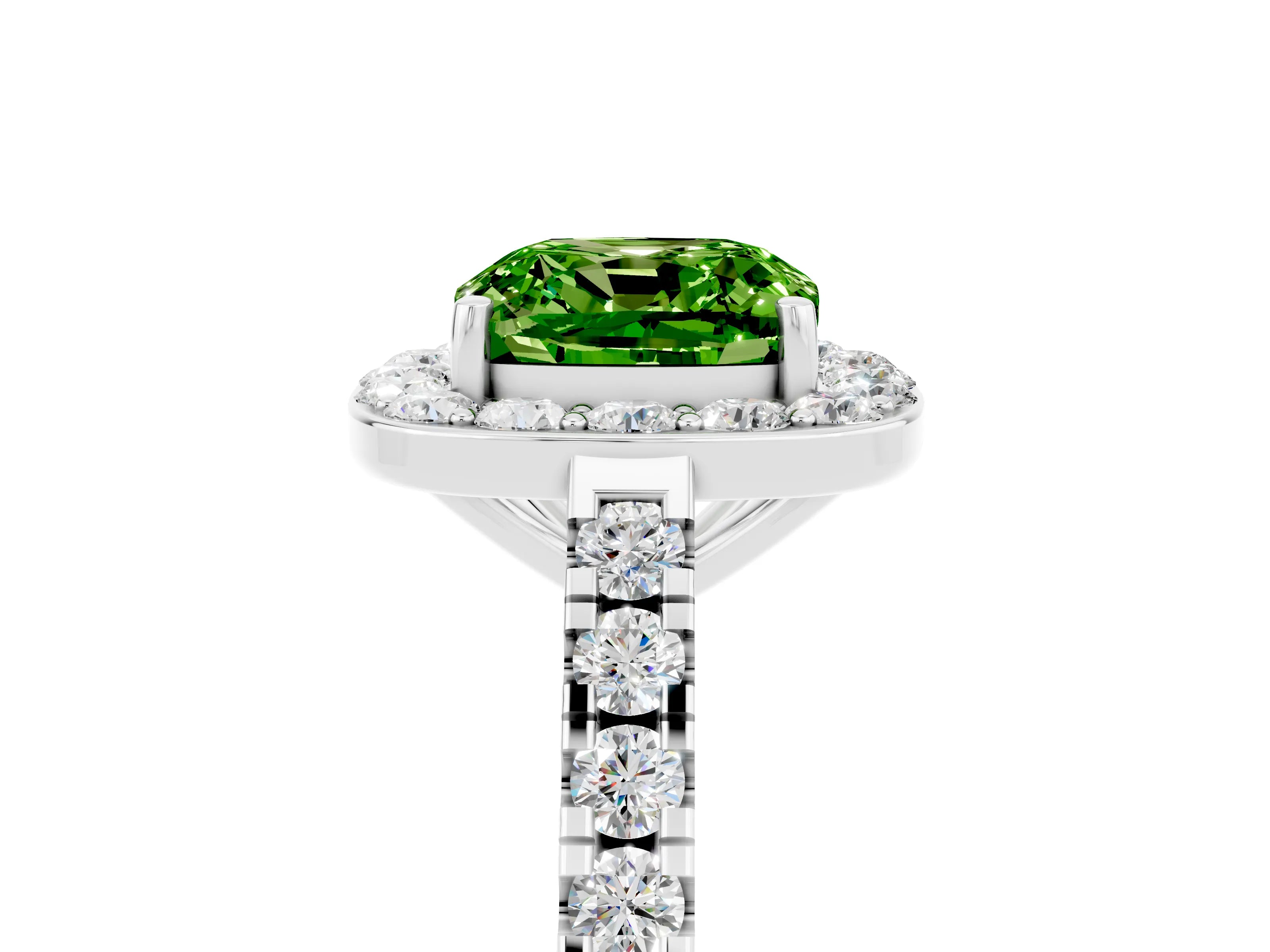 White gold Cushion Cut Halo Diamond Ring with Pavé Band and Three-Prong Setting_5
