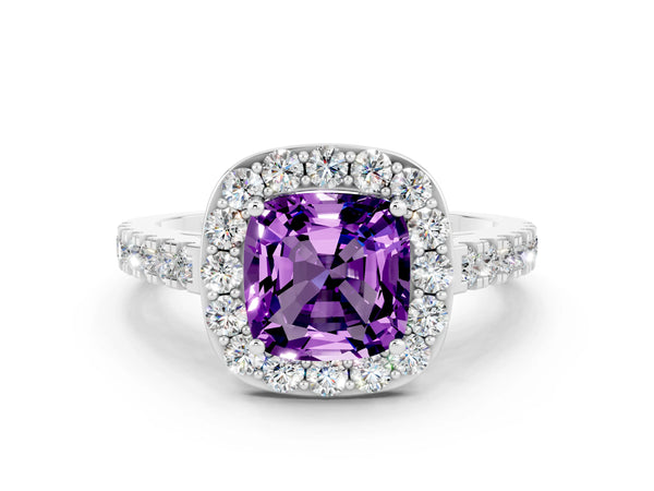 Silver Cushion Cut Amethyst Halo Ring with Round Pavé Split Shank and Prong Setting