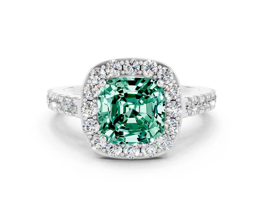 White gold Cushion Cut Halo Diamond Ring with Pavé Band and Three-Prong Setting