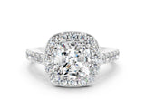 White gold Cushion Cut Halo Diamond Ring with Pavé Band and Three-Prong Setting