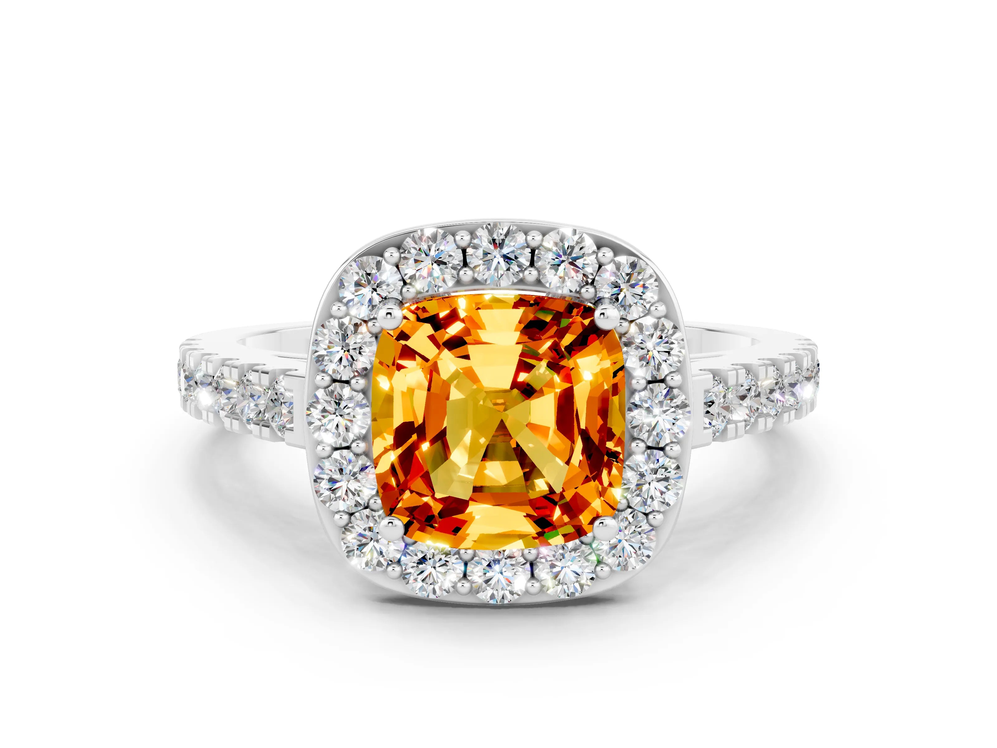 White gold Cushion Cut Halo Diamond Ring with Pavé Band and Three-Prong Setting
