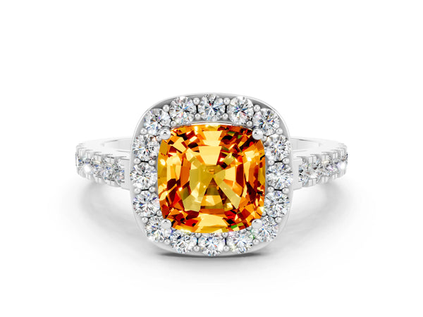 Platinum Cushion Cut Citrine Halo Ring with Round Pavé Split Shank and Prong Setting