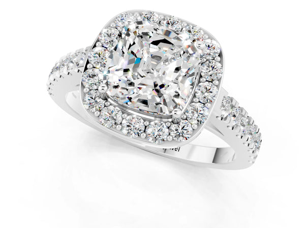 White gold Cushion Cut Moissanite Halo Ring with Round Pavé Split Shank and Prong Setting