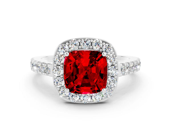 Platinum Cushion Cut Ruby Halo Ring with Round Pavé Split Shank and Prong Setting