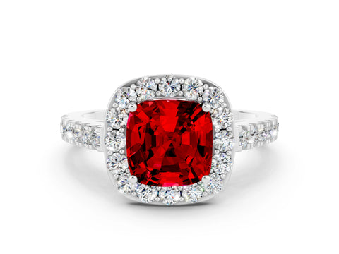 White gold Cushion Cut Halo Diamond Ring with Pavé Band and Three-Prong Setting