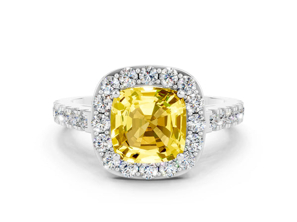 Silver Cushion Cut Yellow Sapphire Halo Ring with Round Pavé Split Shank and Prong Setting