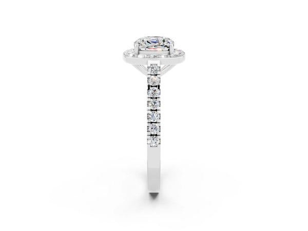 White gold Cushion Cut Moissanite Halo Ring with Round Pavé Split Shank and Prong Setting
