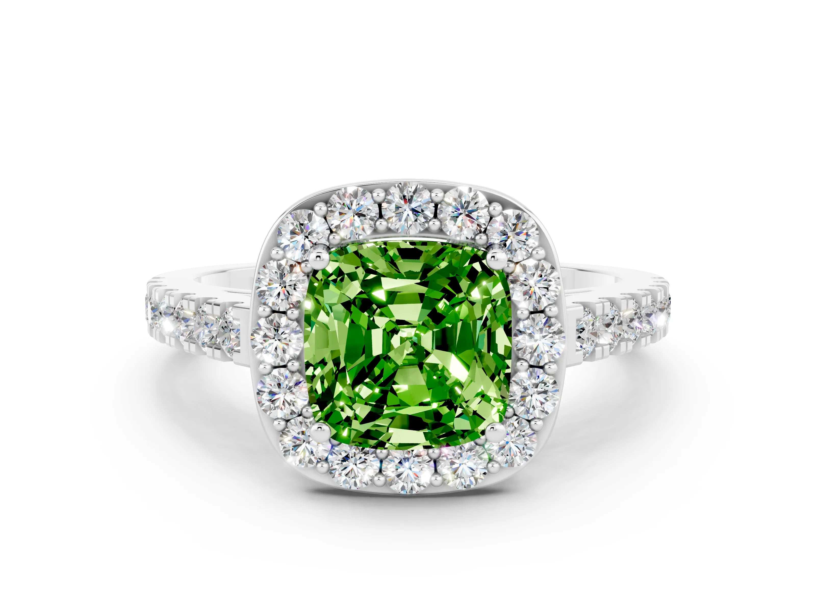White gold Cushion Cut Halo Diamond Ring with Pavé Band and Three-Prong Setting