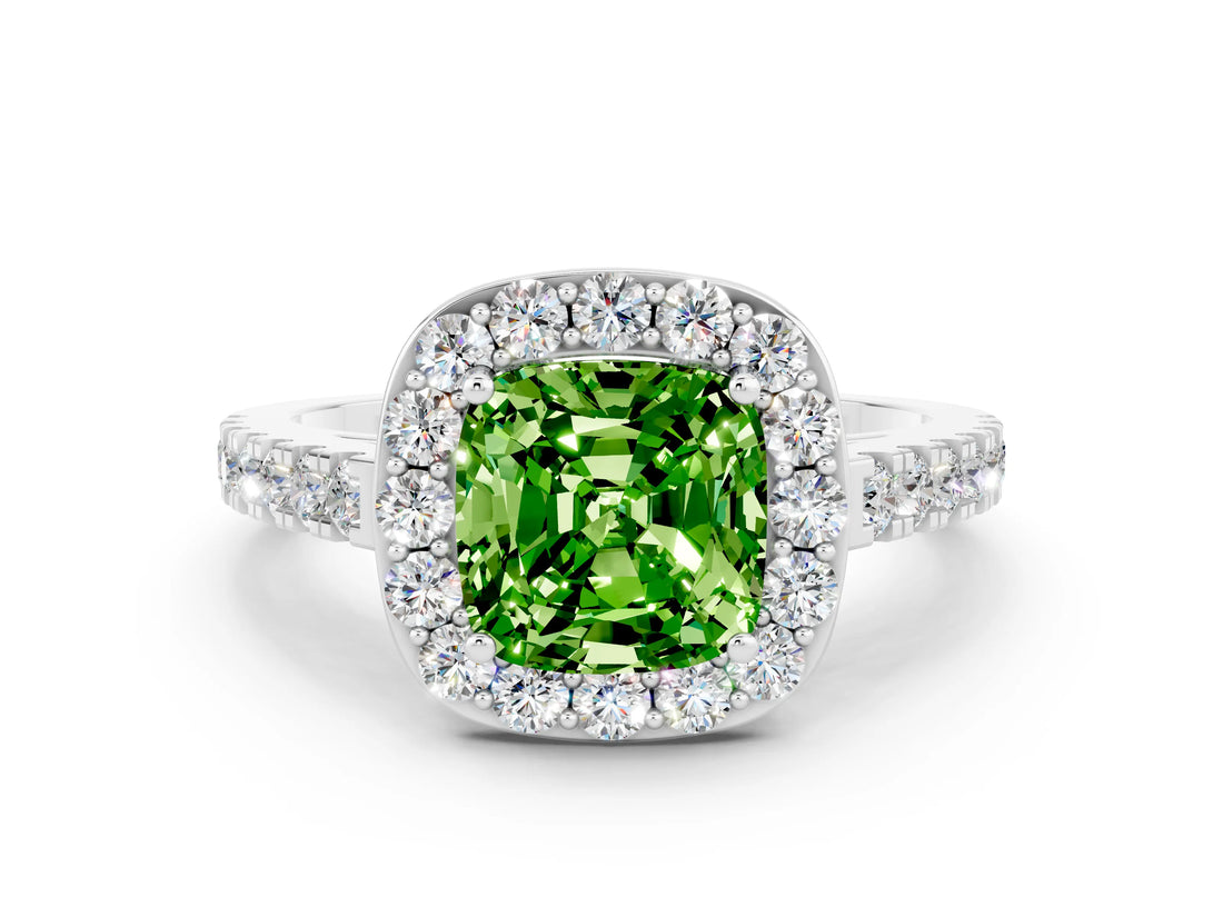 White gold Cushion Cut Halo Diamond Ring with Pavé Band and Three-Prong Setting