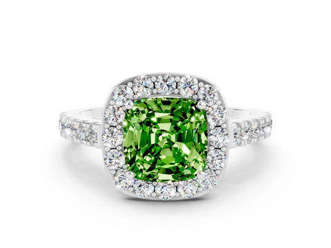White gold Cushion Cut Halo Diamond Ring with Pavé Band and Three-Prong Setting