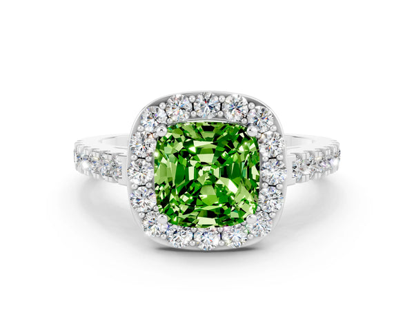 White gold Cushion Cut Halo Diamond Ring with Pavé Band and Three-Prong Setting