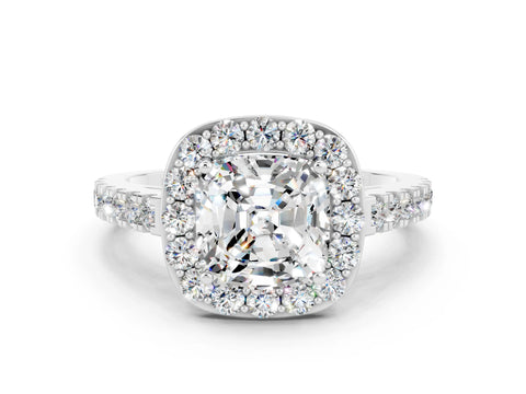 White gold Cushion Cut Halo Diamond Ring with Pavé Band and Three-Prong Setting