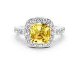White gold Cushion Cut Halo Diamond Ring with Pavé Band and Three-Prong Setting