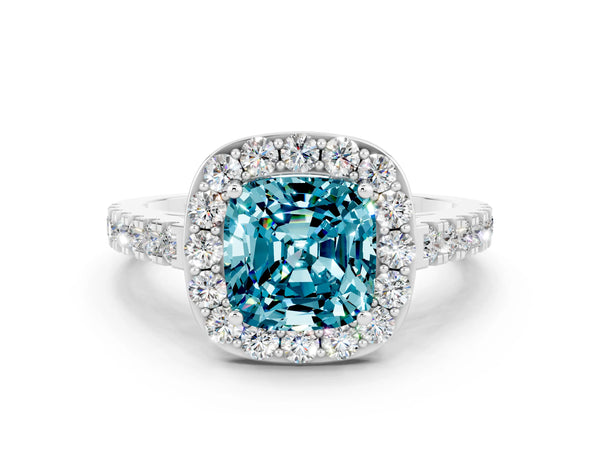Silver Cushion Cut Halo Diamond Ring with Pavé Band and Three-Prong Setting
