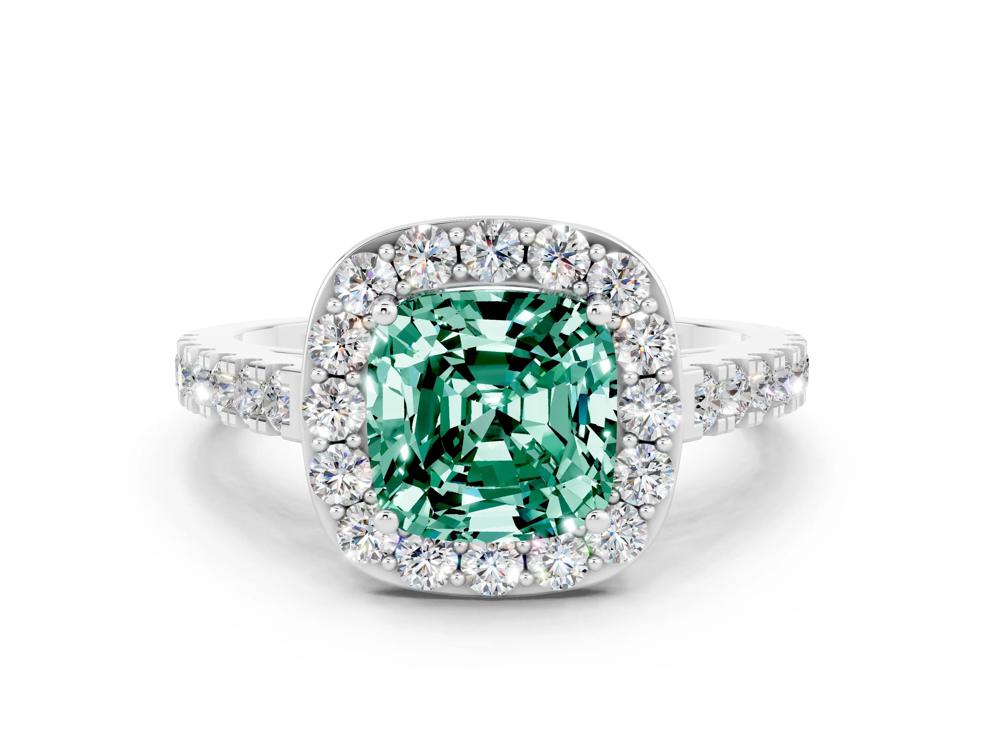 White gold Cushion Cut Halo Diamond Ring with Pavé Band and Three-Prong Setting