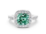 White gold Cushion Cut Halo Diamond Ring with Pavé Band and Three-Prong Setting