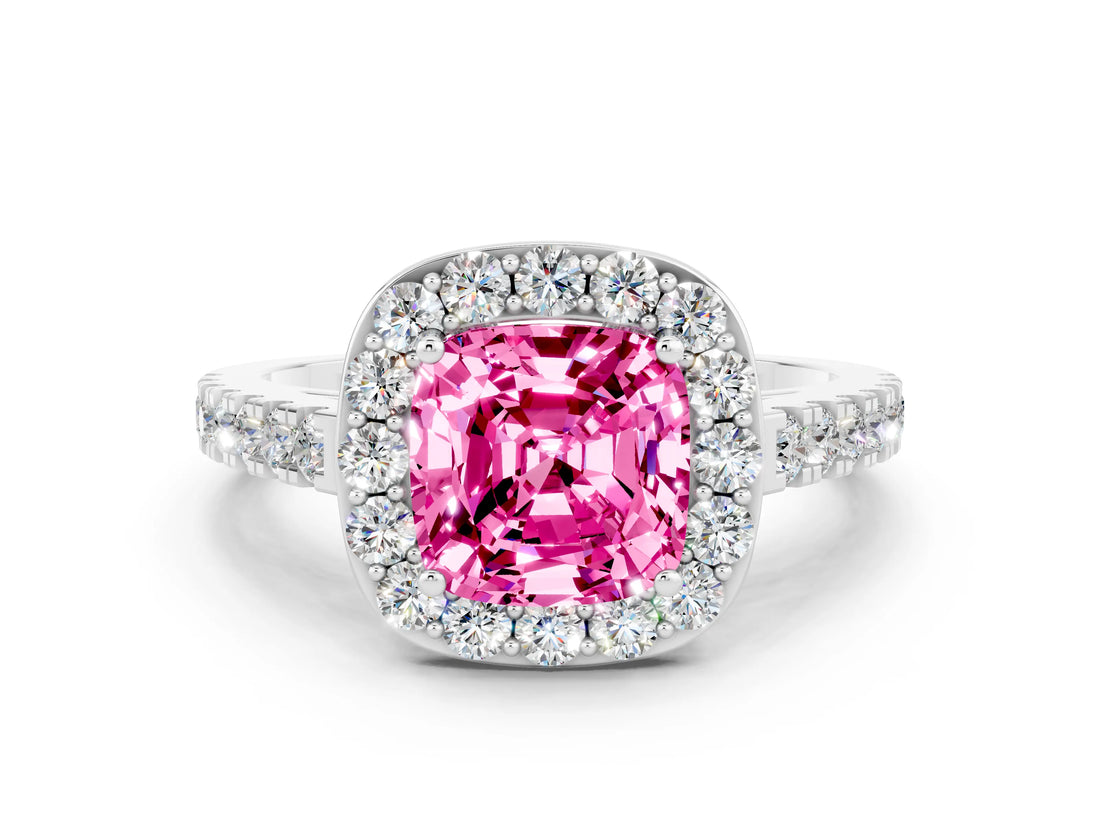 White gold Cushion Cut Halo Diamond Ring with Pavé Band and Three-Prong Setting
