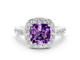 White gold Cushion Cut Halo Diamond Ring with Pavé Band and Three-Prong Setting