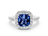 White gold Cushion Cut Halo Diamond Ring with Pavé Band and Three-Prong Setting