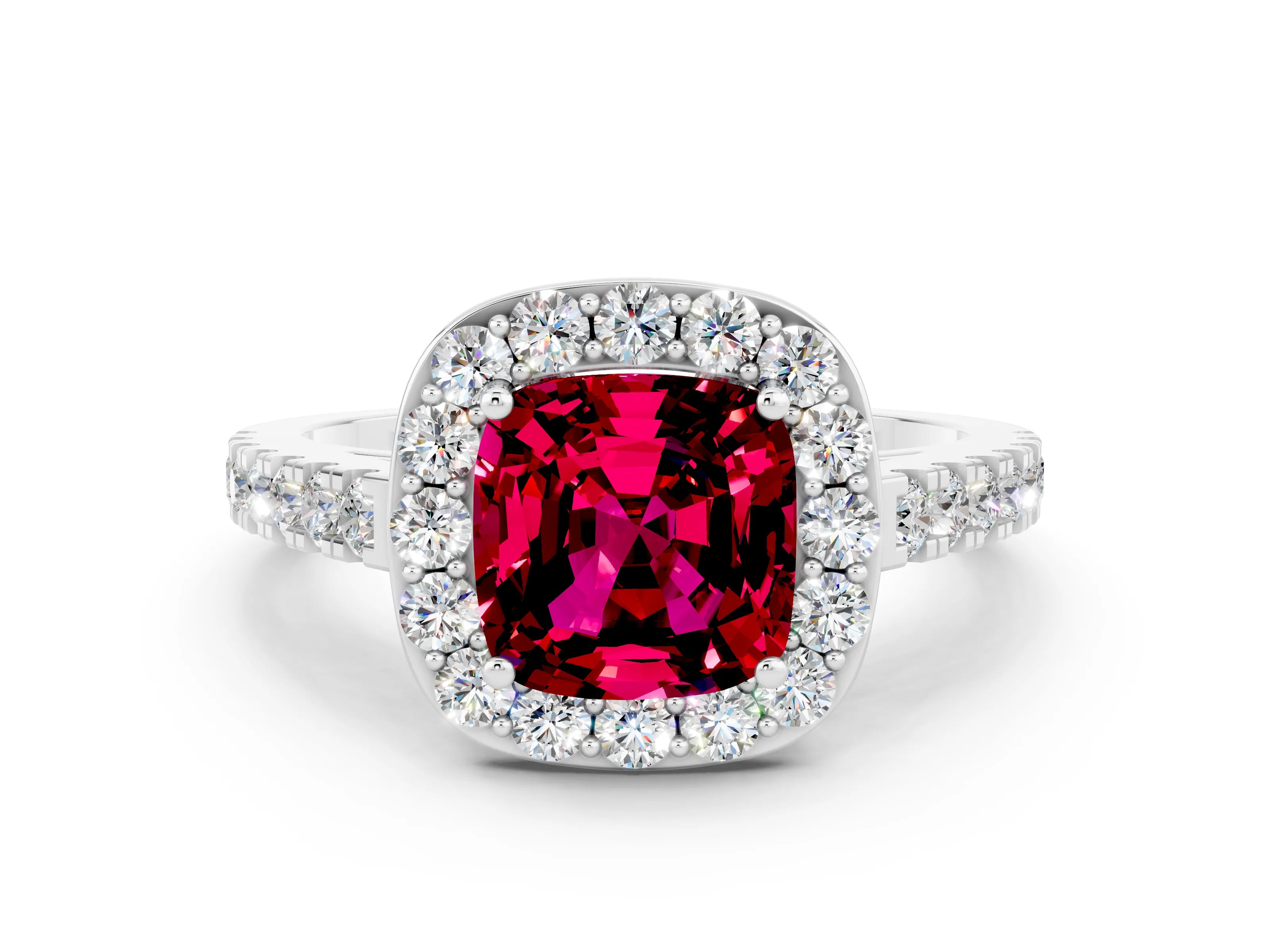White gold Cushion Cut Halo Diamond Ring with Pavé Band and Three-Prong Setting