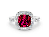White gold Cushion Cut Halo Diamond Ring with Pavé Band and Three-Prong Setting