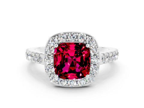 White gold Cushion Cut Halo Diamond Ring with Pavé Band and Three-Prong Setting
