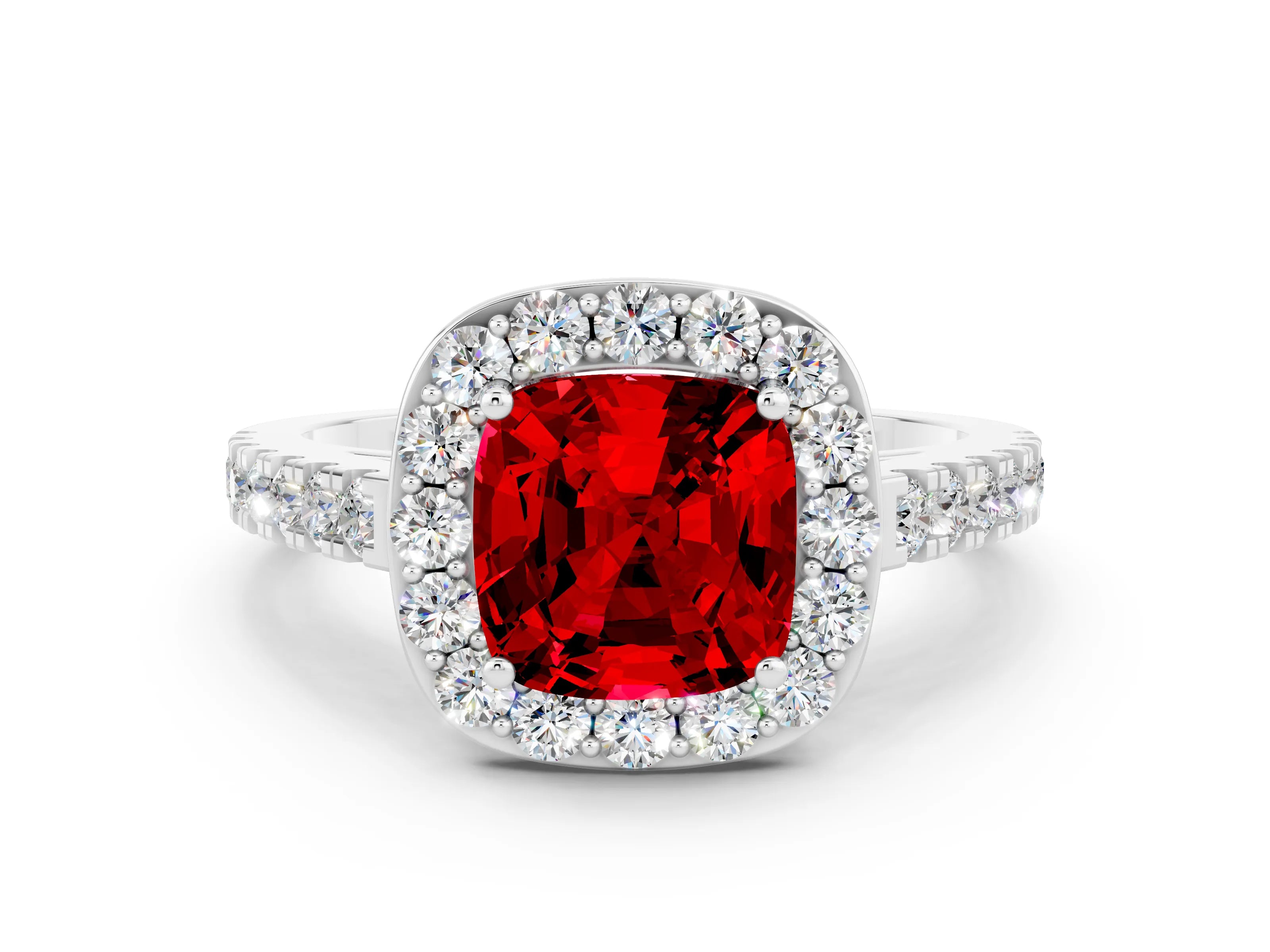 White gold Cushion Cut Halo Diamond Ring with Pavé Band and Three-Prong Setting