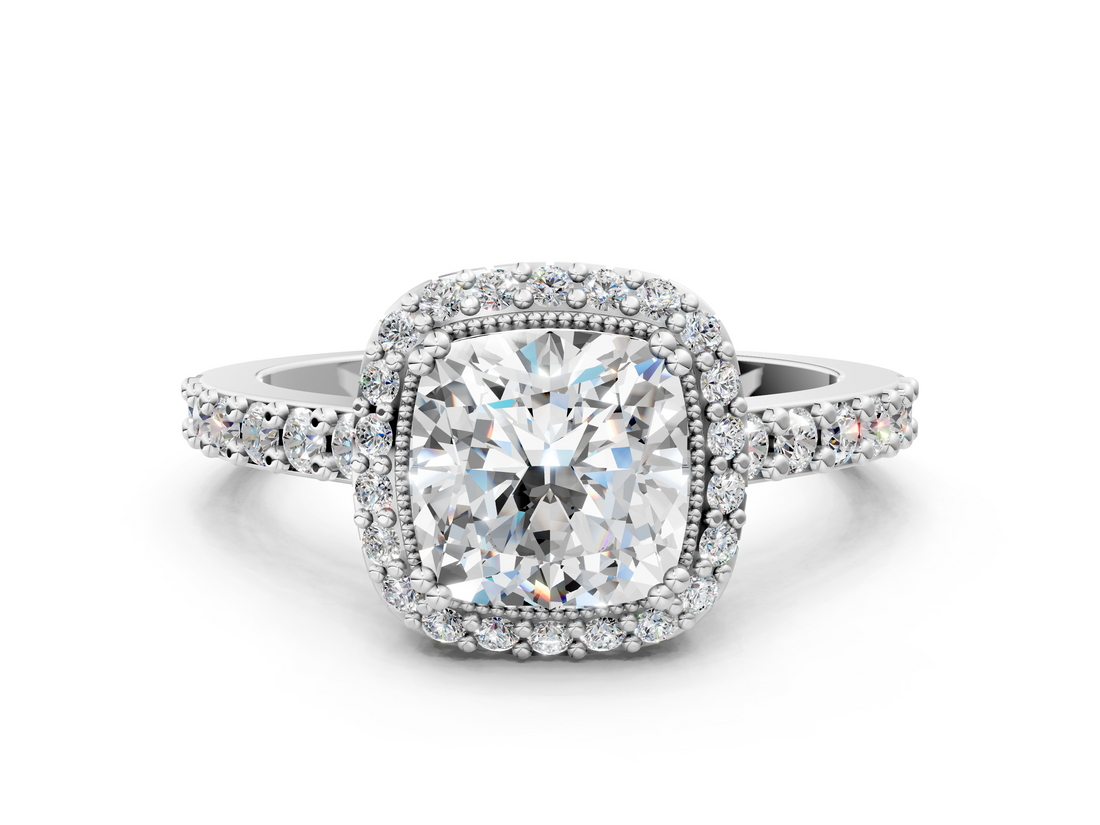 White gold Cushion Cut Halo Diamond Ring with Pave Band and Four-Prong Setting_49