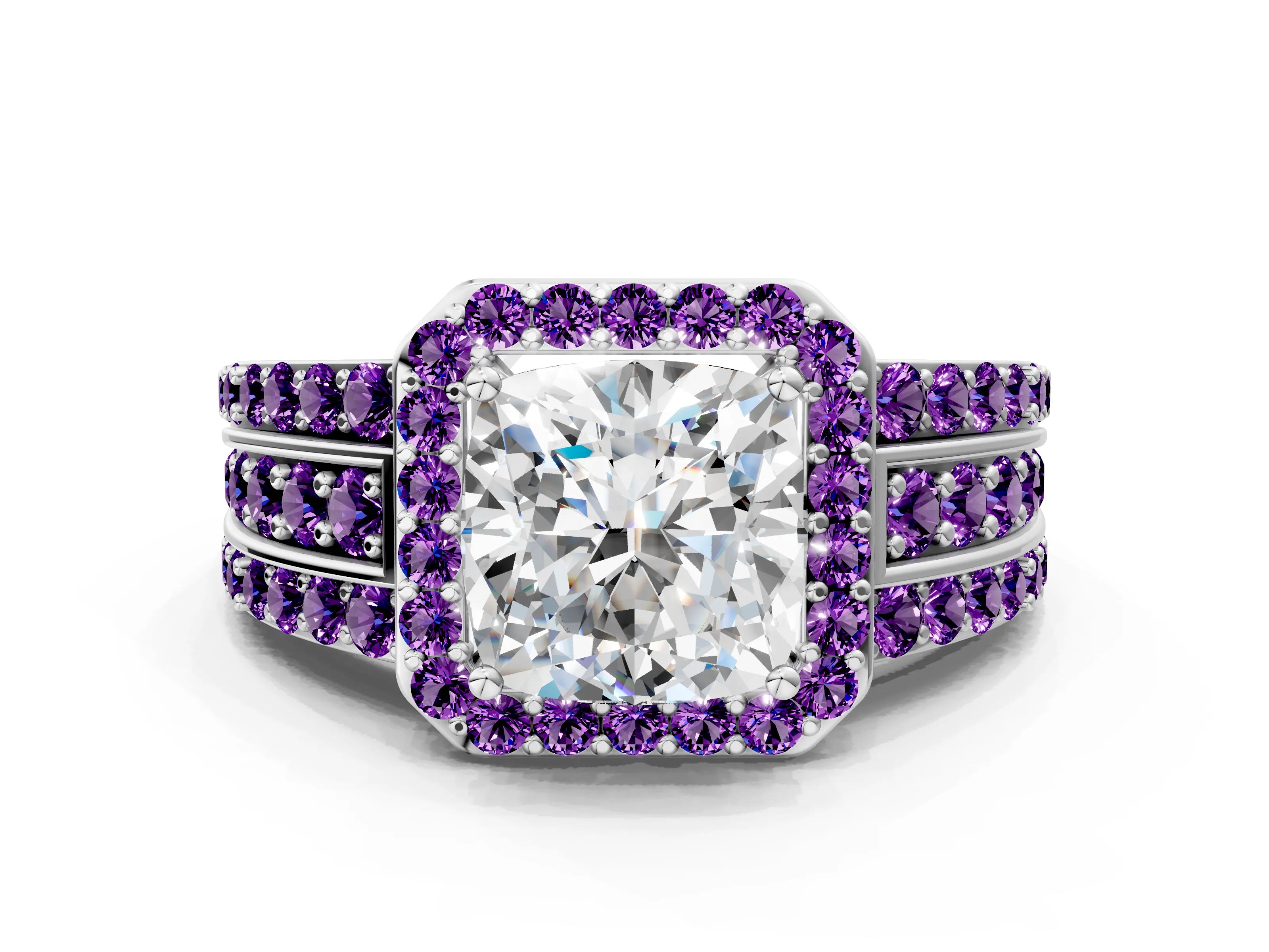 White gold Cushion Cut Halo Diamond Ring with Round with Amethyst side stone Split Shank and Prong Setting_36