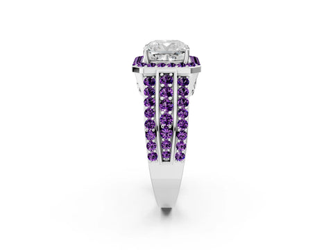White gold Cushion Cut Halo Diamond Ring with Round with Amethyst side stone Split Shank and Prong Setting_38