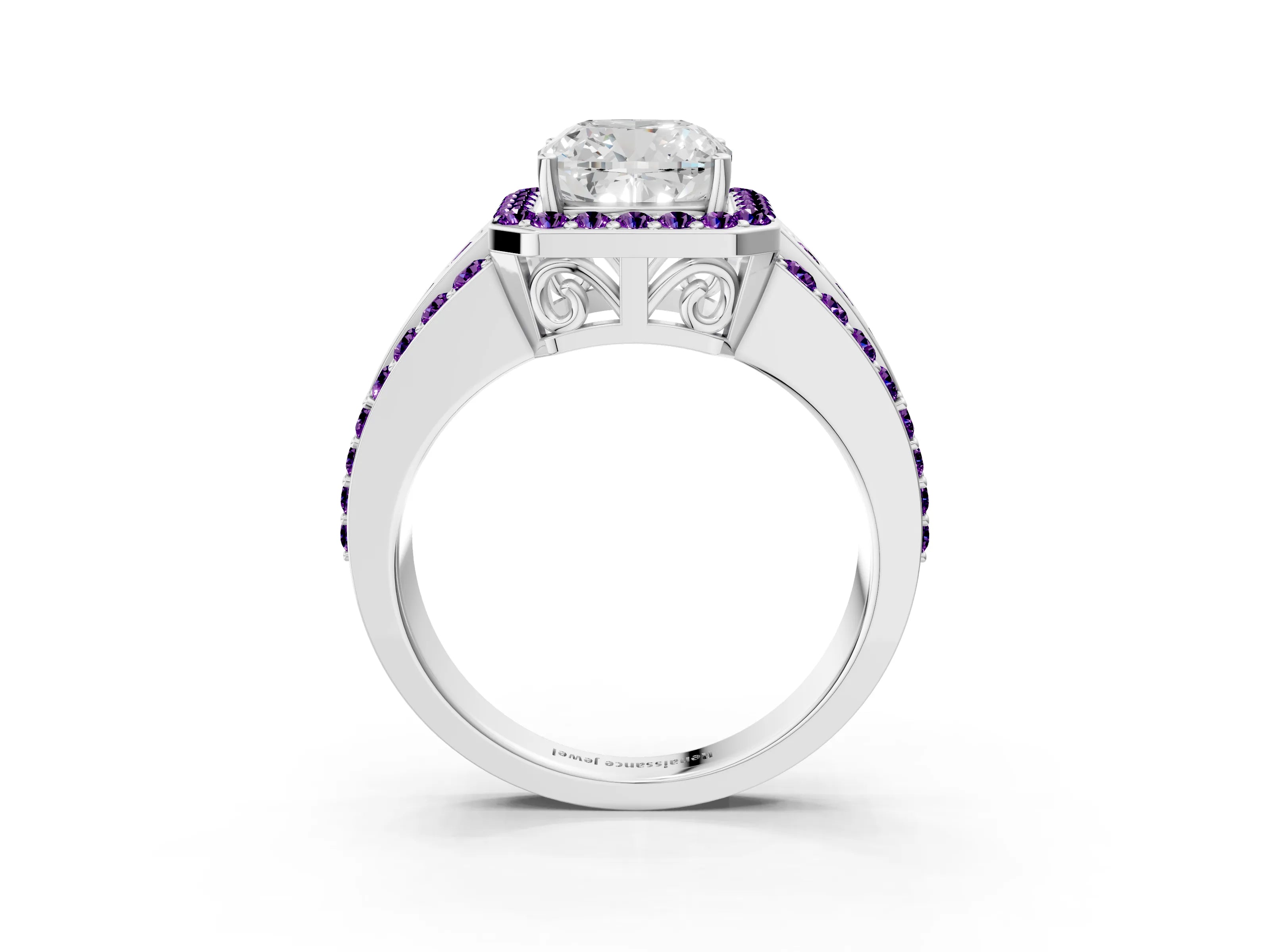 White gold Cushion Cut Halo Diamond Ring with Round with Amethyst side stone Split Shank and Prong Setting_39